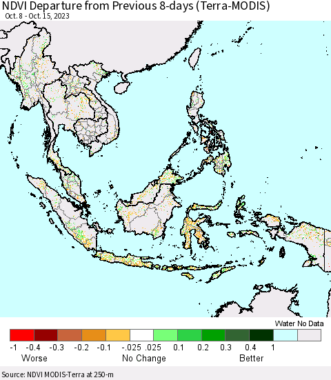South East Asia NDVI Departure from Previous 8-days (Terra-MODIS) Thematic Map For 10/8/2023 - 10/15/2023