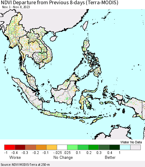 South East Asia NDVI Departure from Previous 8-days (Terra-MODIS) Thematic Map For 11/1/2023 - 11/8/2023
