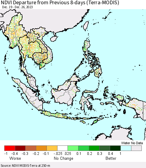 South East Asia NDVI Departure from Previous 8-days (Terra-MODIS) Thematic Map For 12/19/2023 - 12/26/2023