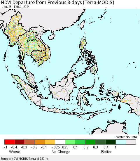 South East Asia NDVI Departure from Previous 8-days (Terra-MODIS) Thematic Map For 1/25/2024 - 2/1/2024