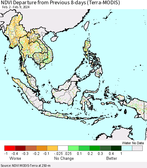 South East Asia NDVI Departure from Previous 8-days (Terra-MODIS) Thematic Map For 2/2/2024 - 2/9/2024