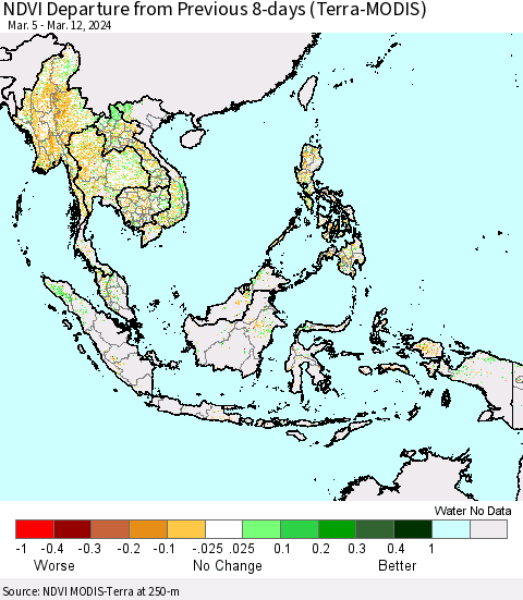 South East Asia NDVI Departure from Previous 8-days (Terra-MODIS) Thematic Map For 3/5/2024 - 3/12/2024