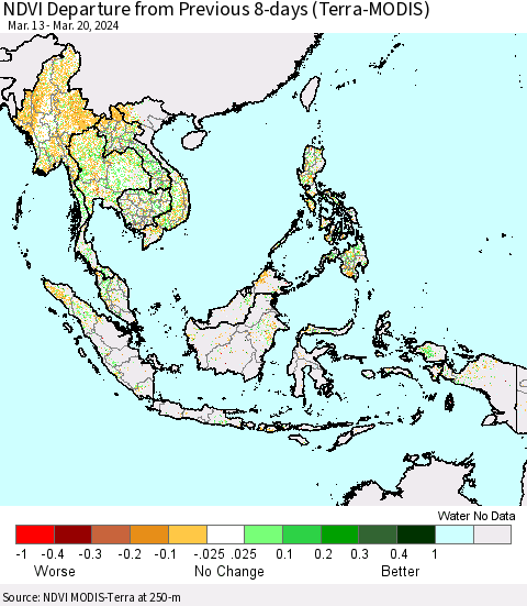 South East Asia NDVI Departure from Previous 8-days (Terra-MODIS) Thematic Map For 3/13/2024 - 3/20/2024