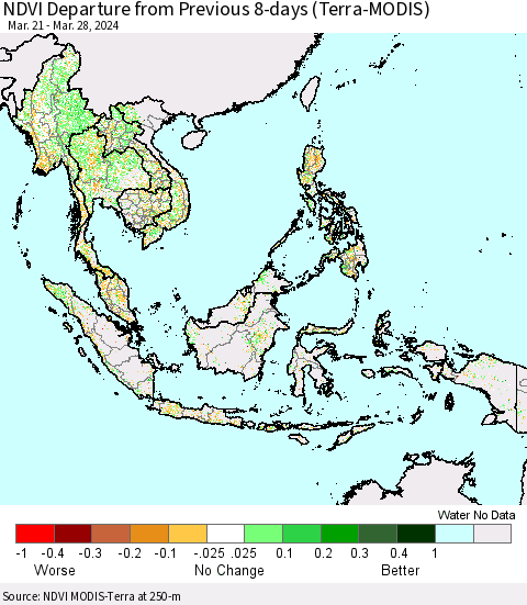 South East Asia NDVI Departure from Previous 8-days (Terra-MODIS) Thematic Map For 3/21/2024 - 3/28/2024