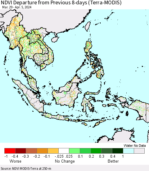 South East Asia NDVI Departure from Previous 8-days (Terra-MODIS) Thematic Map For 3/29/2024 - 4/5/2024
