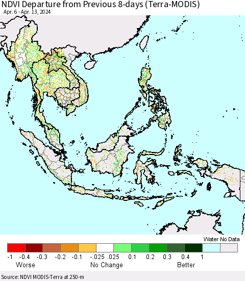 South East Asia NDVI Departure from Previous 8-days (Terra-MODIS) Thematic Map For 4/6/2024 - 4/13/2024