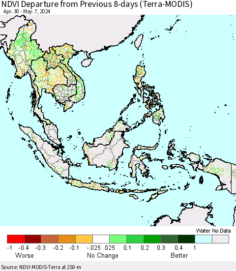 South East Asia NDVI Departure from Previous 8-days (Terra-MODIS) Thematic Map For 4/30/2024 - 5/7/2024