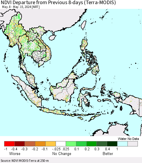 South East Asia NDVI Departure from Previous 8-days (Terra-MODIS) Thematic Map For 5/8/2024 - 5/15/2024