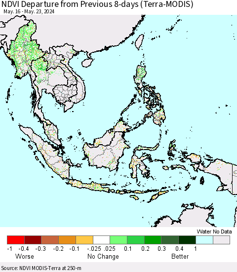 South East Asia NDVI Departure from Previous 8-days (Terra-MODIS) Thematic Map For 5/16/2024 - 5/23/2024