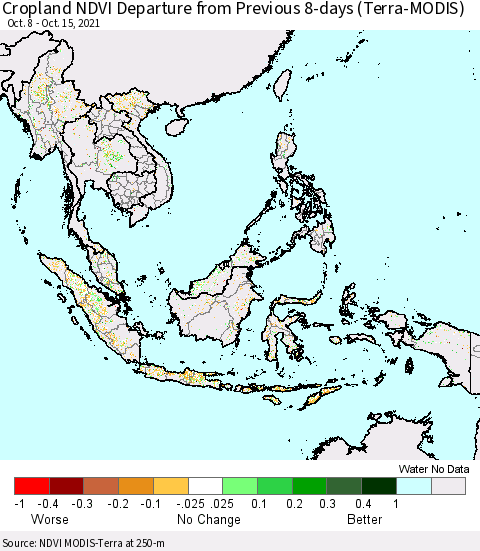 South East Asia Cropland NDVI Departure from Previous 8-days (Terra-MODIS) Thematic Map For 10/8/2021 - 10/15/2021
