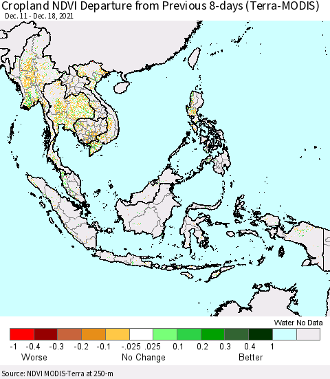 South East Asia Cropland NDVI Departure from Previous 8-days (Terra-MODIS) Thematic Map For 12/11/2021 - 12/18/2021