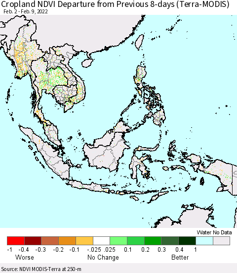 South East Asia Cropland NDVI Departure from Previous 8-days (Terra-MODIS) Thematic Map For 2/2/2022 - 2/9/2022