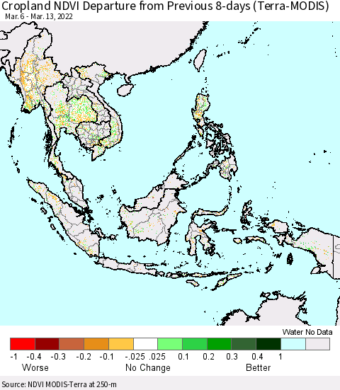 South East Asia Cropland NDVI Departure from Previous 8-days (Terra-MODIS) Thematic Map For 3/6/2022 - 3/13/2022