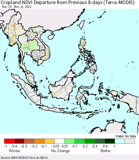 South East Asia Cropland NDVI Departure from Previous 8-days (Terra-MODIS) Thematic Map For 3/14/2022 - 3/21/2022
