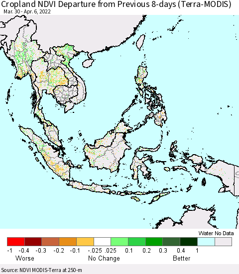 South East Asia Cropland NDVI Departure from Previous 8-days (Terra-MODIS) Thematic Map For 3/30/2022 - 4/6/2022
