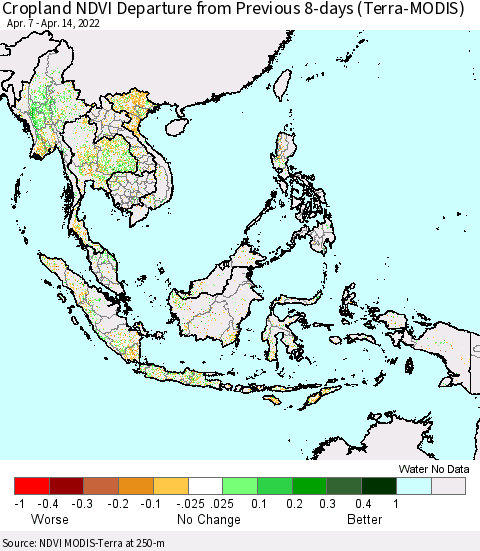South East Asia Cropland NDVI Departure from Previous 8-days (Terra-MODIS) Thematic Map For 4/7/2022 - 4/14/2022
