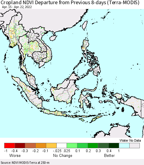South East Asia Cropland NDVI Departure from Previous 8-days (Terra-MODIS) Thematic Map For 4/15/2022 - 4/22/2022