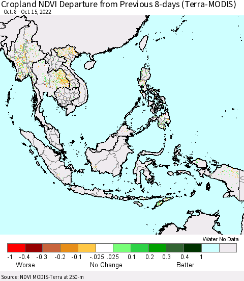 South East Asia Cropland NDVI Departure from Previous 8-days (Terra-MODIS) Thematic Map For 10/8/2022 - 10/15/2022