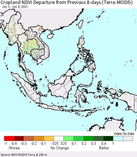 South East Asia Cropland NDVI Departure from Previous 8-days (Terra-MODIS) Thematic Map For 1/1/2023 - 1/8/2023