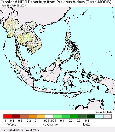 South East Asia Cropland NDVI Departure from Previous 8-days (Terra-MODIS) Thematic Map For 2/18/2023 - 2/25/2023