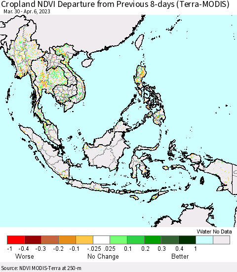 South East Asia Cropland NDVI Departure from Previous 8-days (Terra-MODIS) Thematic Map For 3/30/2023 - 4/6/2023