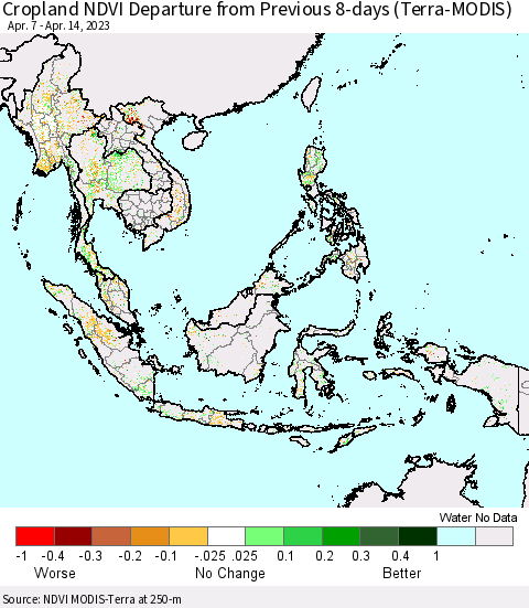 South East Asia Cropland NDVI Departure from Previous 8-days (Terra-MODIS) Thematic Map For 4/7/2023 - 4/14/2023