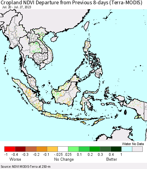 South East Asia Cropland NDVI Departure from Previous 8-days (Terra-MODIS) Thematic Map For 7/20/2023 - 7/27/2023