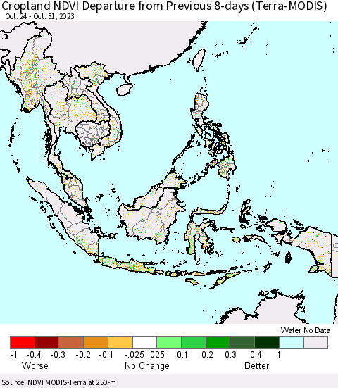 South East Asia Cropland NDVI Departure from Previous 8-days (Terra-MODIS) Thematic Map For 10/24/2023 - 10/31/2023