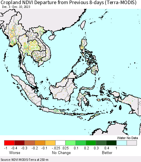 South East Asia Cropland NDVI Departure from Previous 8-days (Terra-MODIS) Thematic Map For 12/3/2023 - 12/10/2023