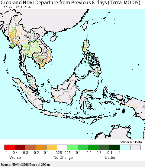 South East Asia Cropland NDVI Departure from Previous 8-days (Terra-MODIS) Thematic Map For 1/25/2024 - 2/1/2024
