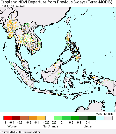 South East Asia Cropland NDVI Departure from Previous 8-days (Terra-MODIS) Thematic Map For 3/5/2024 - 3/12/2024