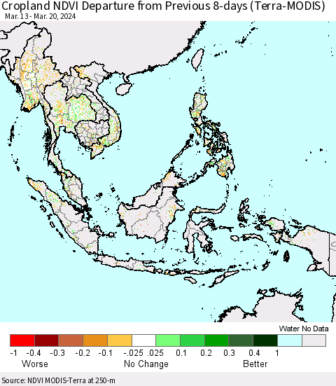 South East Asia Cropland NDVI Departure from Previous 8-days (Terra-MODIS) Thematic Map For 3/13/2024 - 3/20/2024