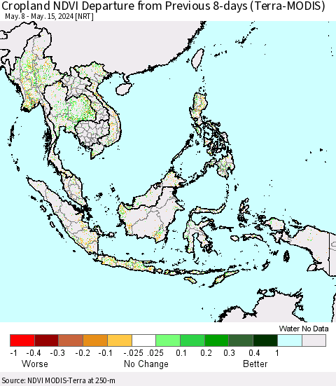 South East Asia Cropland NDVI Departure from Previous 8-days (Terra-MODIS) Thematic Map For 5/8/2024 - 5/15/2024