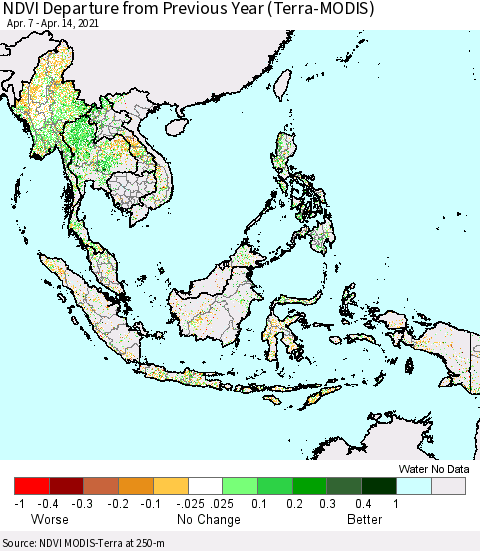 South East Asia NDVI Departure from Previous Year (Terra-MODIS) Thematic Map For 4/7/2021 - 4/14/2021