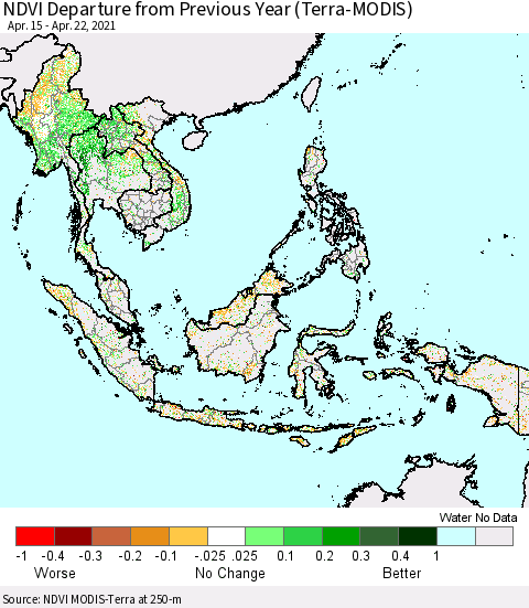South East Asia NDVI Departure from Previous Year (Terra-MODIS) Thematic Map For 4/15/2021 - 4/22/2021