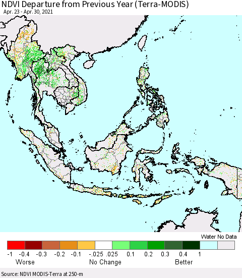 South East Asia NDVI Departure from Previous Year (Terra-MODIS) Thematic Map For 4/23/2021 - 4/30/2021