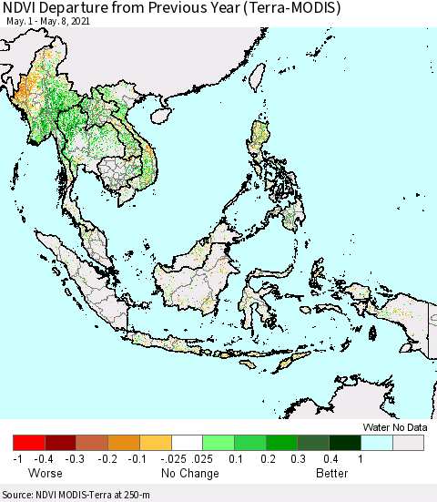 South East Asia NDVI Departure from Previous Year (Terra-MODIS) Thematic Map For 5/1/2021 - 5/8/2021