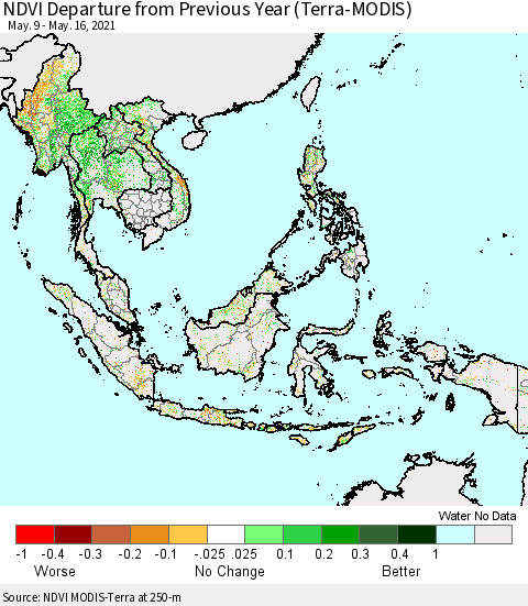 South East Asia NDVI Departure from Previous Year (Terra-MODIS) Thematic Map For 5/9/2021 - 5/16/2021
