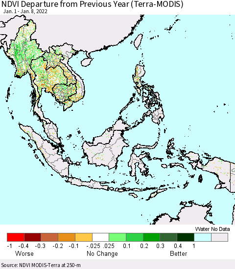 South East Asia NDVI Departure from Previous Year (Terra-MODIS) Thematic Map For 1/1/2022 - 1/8/2022