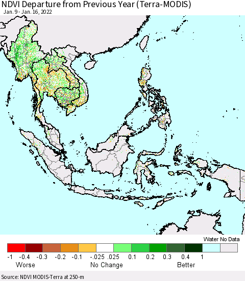 South East Asia NDVI Departure from Previous Year (Terra-MODIS) Thematic Map For 1/9/2022 - 1/16/2022