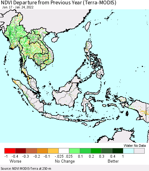 South East Asia NDVI Departure from Previous Year (Terra-MODIS) Thematic Map For 1/17/2022 - 1/24/2022