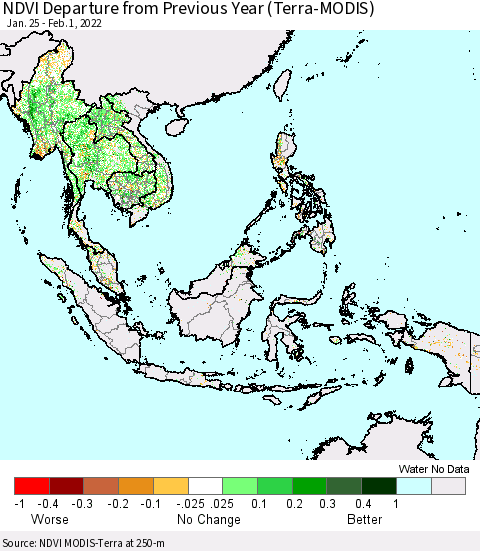South East Asia NDVI Departure from Previous Year (Terra-MODIS) Thematic Map For 1/25/2022 - 2/1/2022