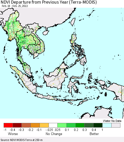 South East Asia NDVI Departure from Previous Year (Terra-MODIS) Thematic Map For 2/18/2022 - 2/25/2022