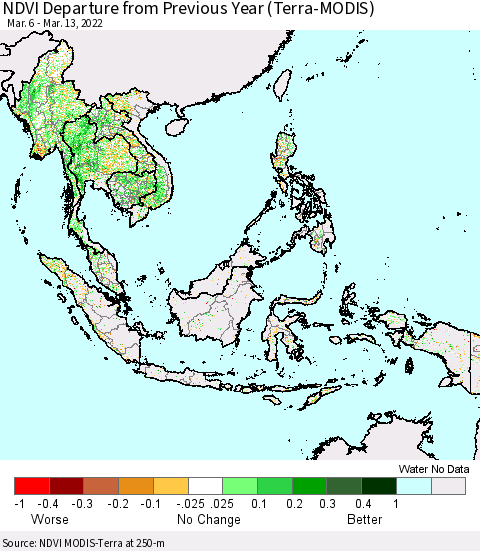 South East Asia NDVI Departure from Previous Year (Terra-MODIS) Thematic Map For 3/6/2022 - 3/13/2022