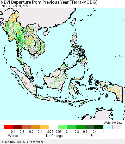 South East Asia NDVI Departure from Previous Year (Terra-MODIS) Thematic Map For 3/14/2022 - 3/21/2022