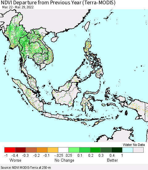 South East Asia NDVI Departure from Previous Year (Terra-MODIS) Thematic Map For 3/22/2022 - 3/29/2022
