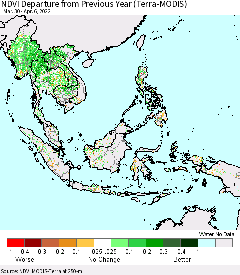 South East Asia NDVI Departure from Previous Year (Terra-MODIS) Thematic Map For 3/30/2022 - 4/6/2022
