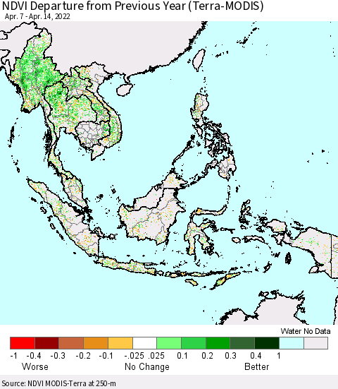 South East Asia NDVI Departure from Previous Year (Terra-MODIS) Thematic Map For 4/7/2022 - 4/14/2022