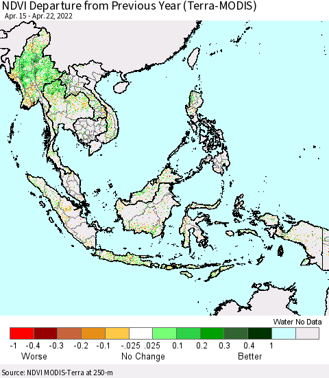 South East Asia NDVI Departure from Previous Year (Terra-MODIS) Thematic Map For 4/15/2022 - 4/22/2022