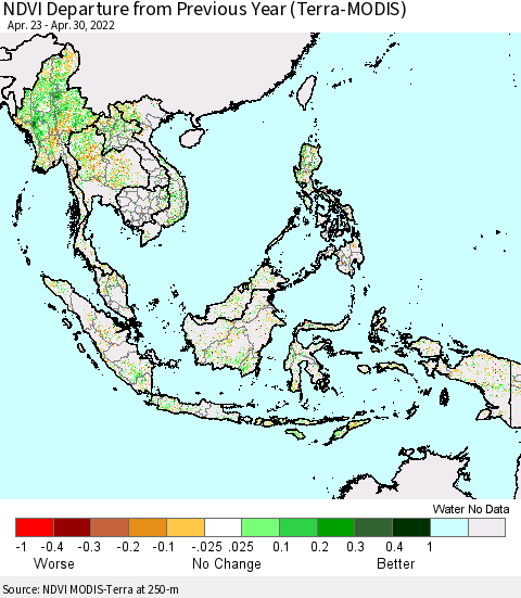 South East Asia NDVI Departure from Previous Year (Terra-MODIS) Thematic Map For 4/23/2022 - 4/30/2022